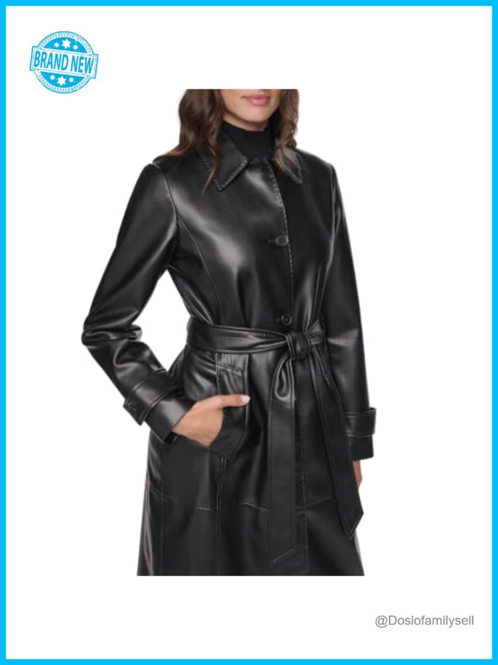 Long Faux Leather Belted Trench Coat Button Front Tailored Collar